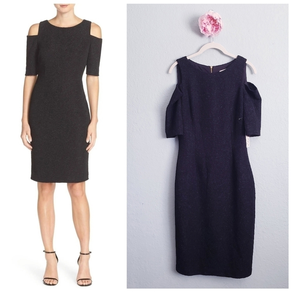 Eliza J Metallic Black Textured Cold Shoulder Dress